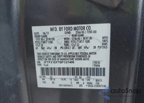 2011 Ford F-150 Xl from USA, damaged, VIN 1FTFX1EF7BFC21409